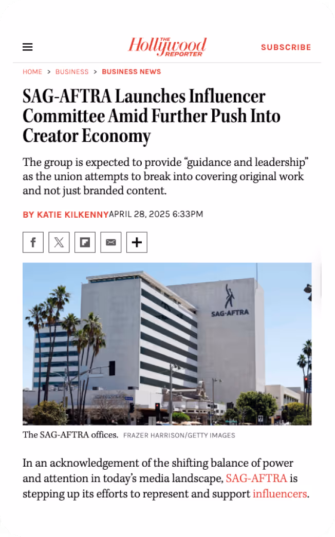 Screenshot of The Hollywood Reporter article titled 'SAG-AFTRA Launches Influencer Committee Amid Further Push Into Creator Economy' with an image of SAG-AFTRA office building.