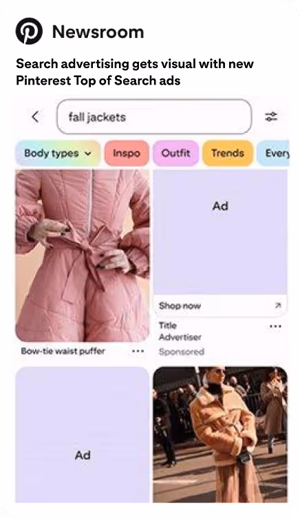 Pinterest search results for 'fall jackets' showing a close-up of a pink bow-tie waist puffer jacket, two ad placeholders, and an image of a person wearing a tan shearling jacket on a street.