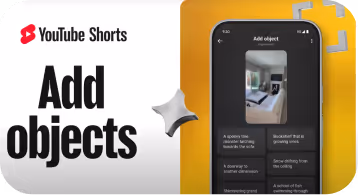 YouTube Shorts interface showing 'Add objects' feature with a phone screen displaying options to add virtual objects like a spongy tree and glassblock.