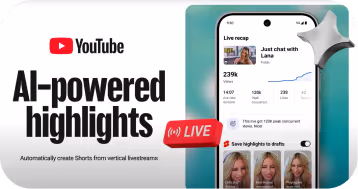 YouTube promotion showing AI-powered highlights feature with a smartphone displaying a live recap and chat interface.