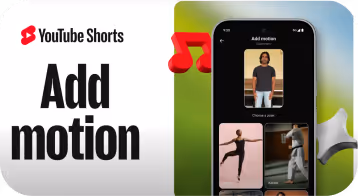 YouTube Shorts interface showcasing the Add motion feature with options to choose dance poses on a smartphone screen.