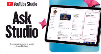 YouTube Studio Ask Studio feature with tablet and smartphone screens showing channel analytics and a chat interface.