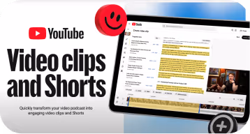 YouTube logo with text 'Video clips and Shorts' and a tablet displaying a video editing interface with highlighted transcript and a video preview.