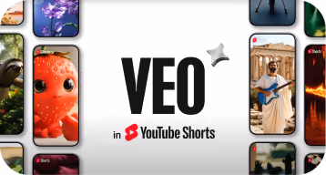 VEO logo centered with YouTube Shorts icon below, surrounded by various video thumbnails with rounded corners.