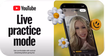 Smartphone screen showing a video call with a blonde woman and text reading 'YouTube Live practice mode.'