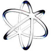 Stylized atomic model with intersecting glowing blue and white rings and central nucleus on black background.