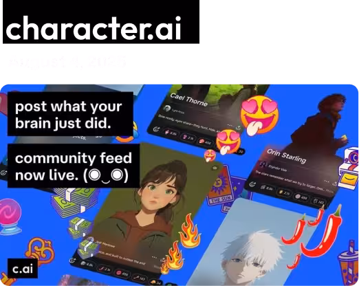 Character.ai interface showing animated profile cards with user-generated art and text, featuring prompts like 'post what your brain just did' and 'community feed now live.'
