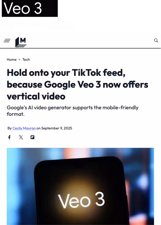 Screenshot of a news article titled 'Hold onto your TikTok feed, because Google Veo 3 now offers vertical video' with a blurred background image showing a device screen displaying 'Veo 3'.