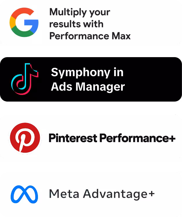 Logos and texts for Google Performance Max, TikTok Symphony in Ads Manager, Pinterest Performance+, and Meta Advantage+ advertising tools.