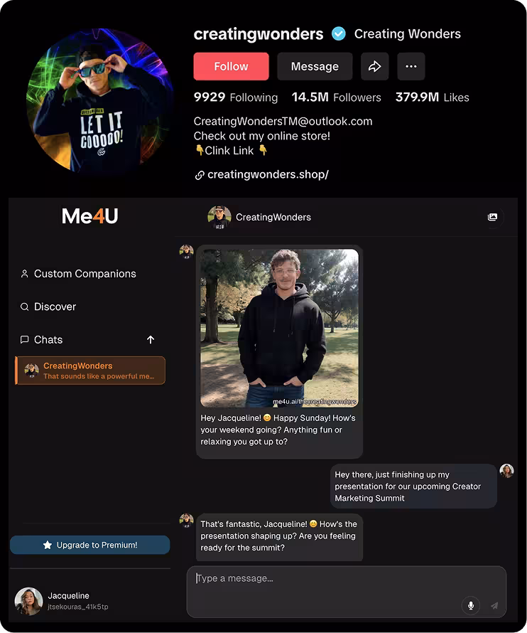 Screenshot of a messaging app showing a conversation between CreatingWonders and Jacqueline discussing a weekend and an upcoming Creator Marketing Summit, with profile info and follow stats at top.