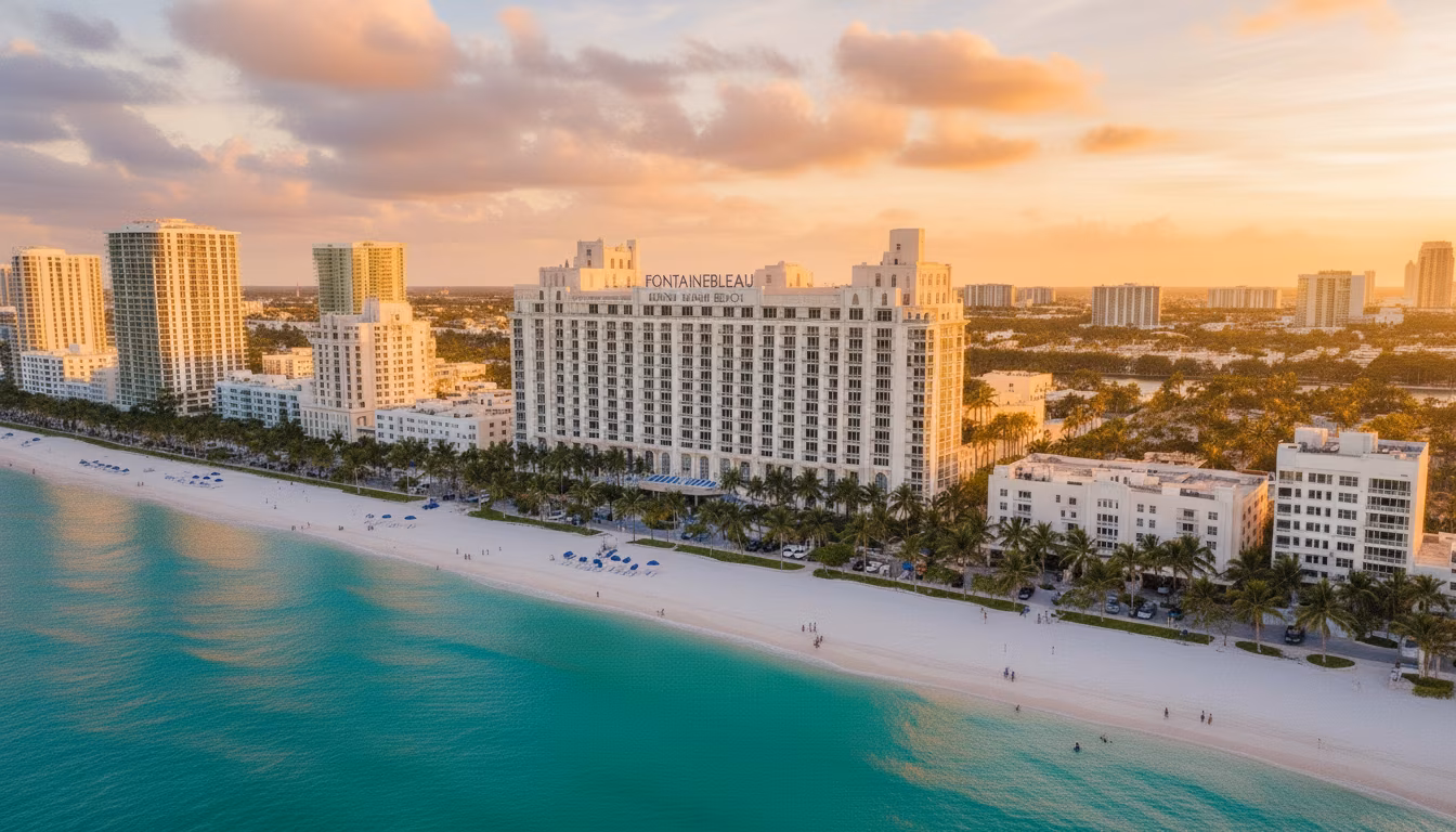 Aerial view of Fontainebleau Miami Beach hotel along turquoise ocean and white sandy beach at sunset.