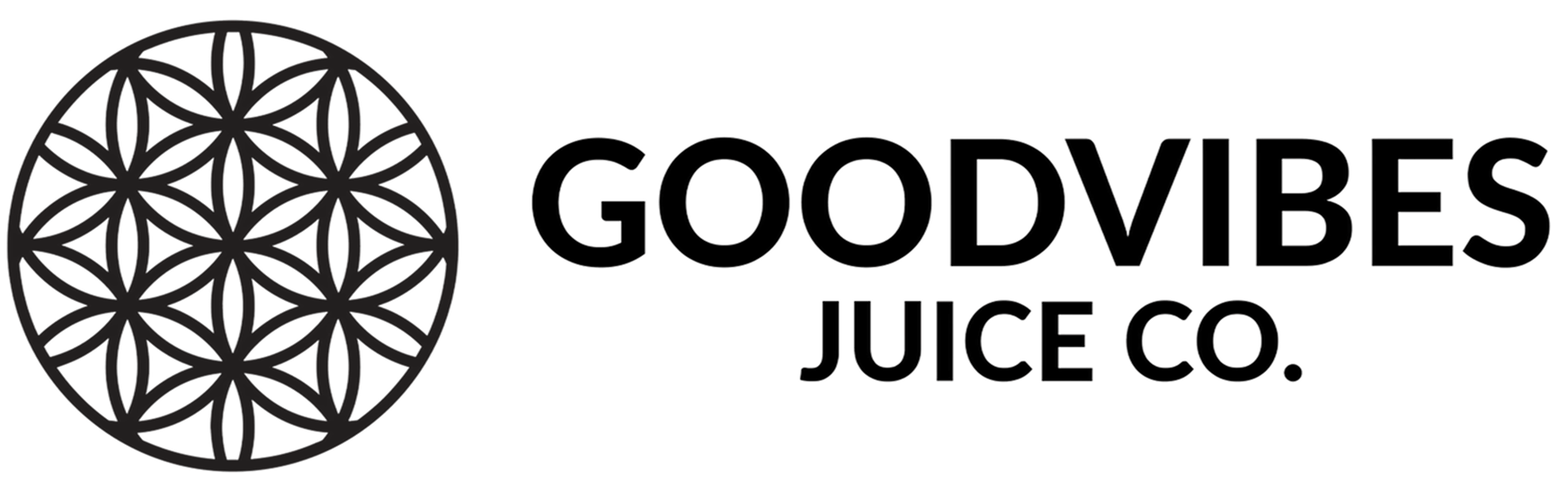 GoodVibes Juice Co. logo featuring black geometric flower of life pattern circle to the left of the bold text.