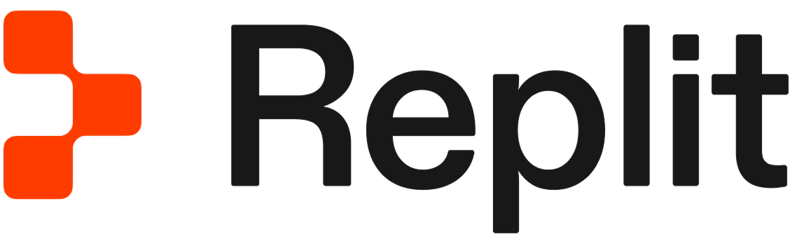 Replit company logo featuring an orange geometric icon composed of four connected rounded squares and the word 'Replit' in bold black letters.