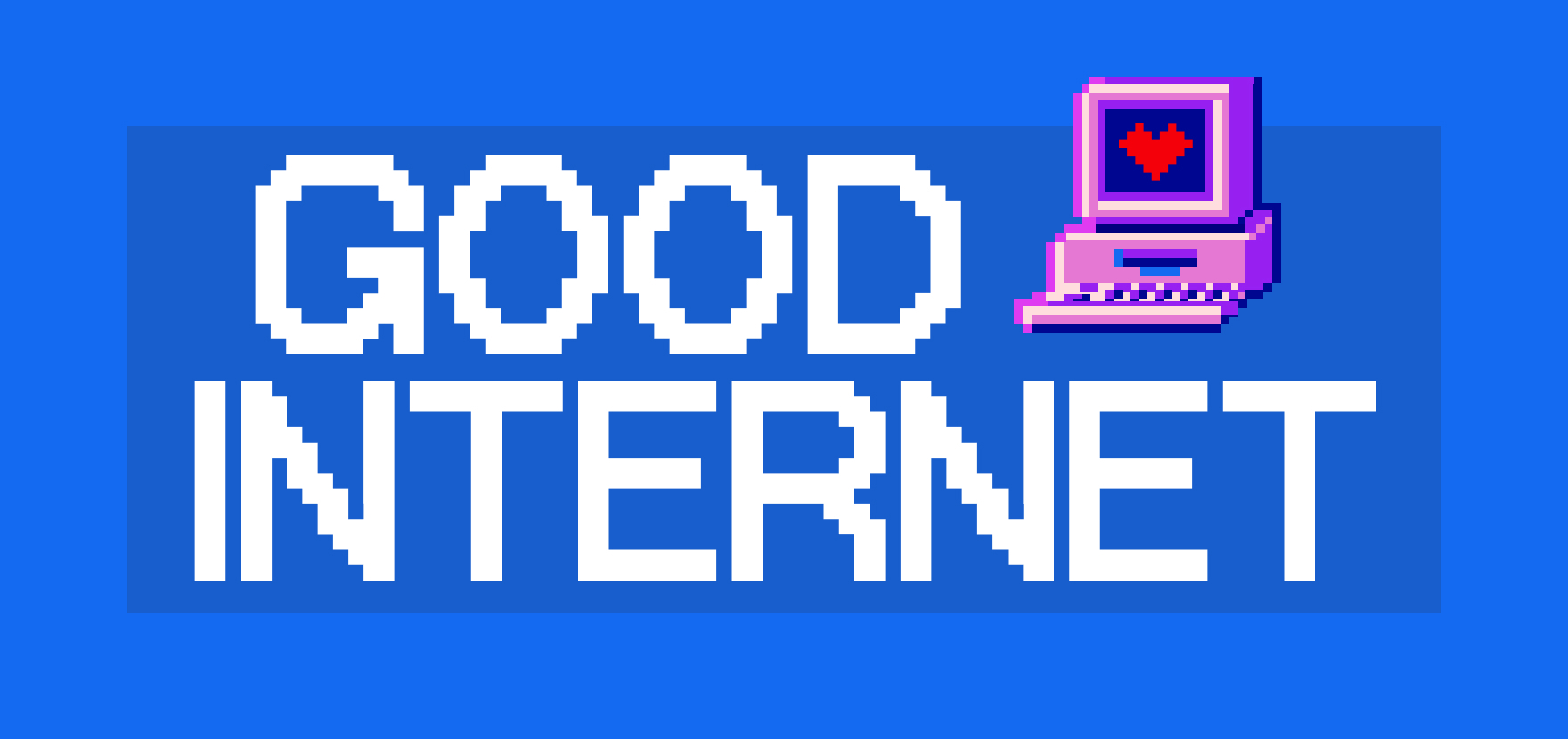 Pixel art style logo with white block letters reading 'GOOD INTERNET' on a blue background and a pink retro computer displaying a red heart on its screen.