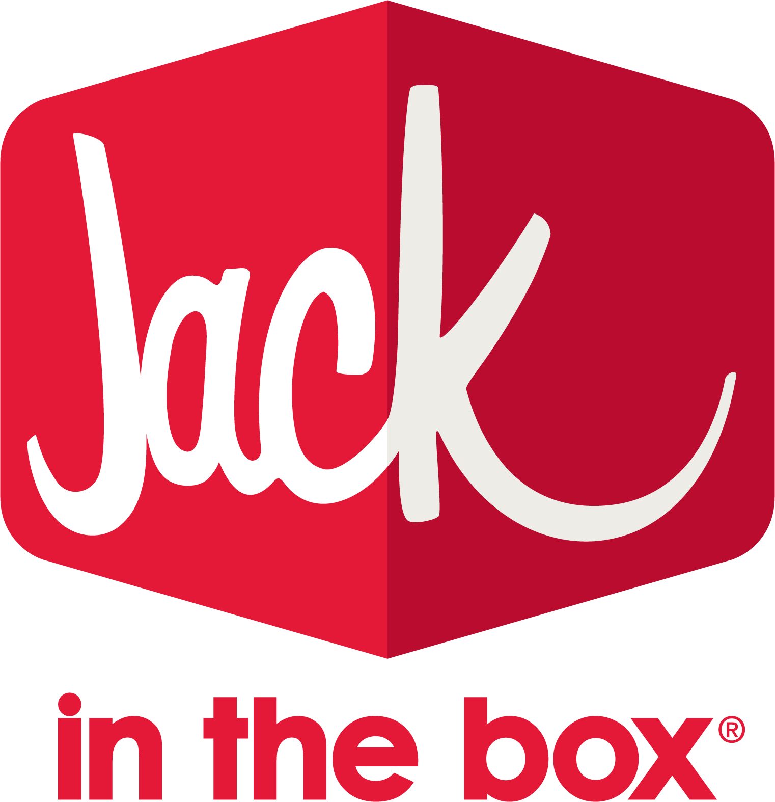 Jack in the Box logo with word 'Jack' in white script on a red, three-dimensional hexagonal shape and 'in the box' in bold red lowercase letters below.