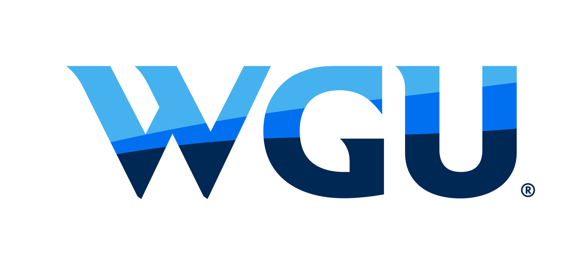 Logo with stylized letters WGU featuring a gradient of blue shades from light at the top to dark at the bottom.