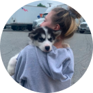 Person with blonde hair tied in a bun wearing a gray hoodie holding a black and white puppy with blue eyes on a paved area with a white truck.