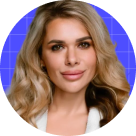 Portrait of a woman with long blonde hair, light makeup, and a slight smile, wearing a white top with grid lines.