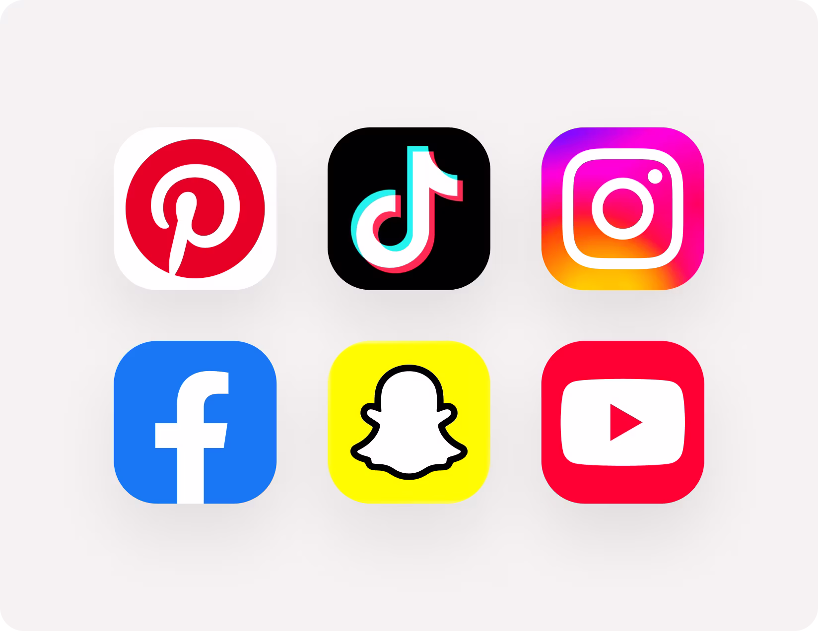 Grid of six popular social media app icons: Pinterest, TikTok, Instagram on top row; Facebook, Snapchat, and YouTube on bottom row.