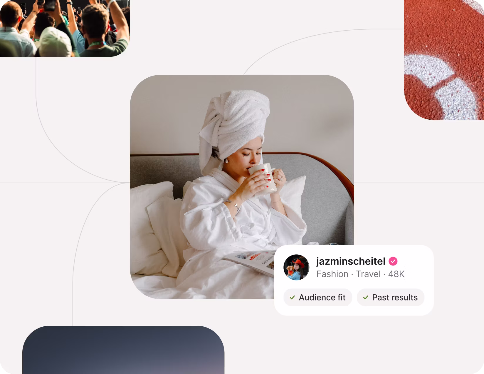A woman in a white bathrobe and towel wrapped around her head sits on a bed drinking from a mug with a magazine on her lap.