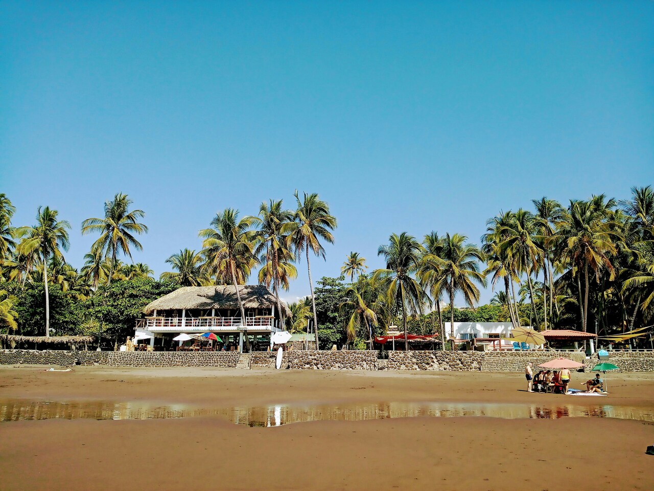 Beach scene with palm trees, thatched-roof beach bars, and people relaxing under umbrellas on the sandy shore in El Salvador.