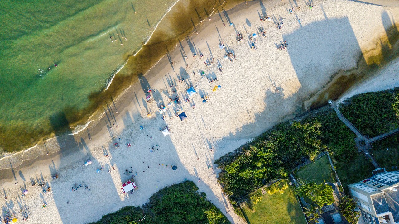 Top-down aerial view of people sunbathing and swimming on a sandy beach with green water and beach umbrellas casting long shadows.