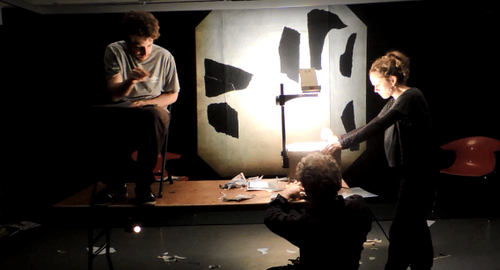 Image from early Fragments R&D - November 2014. Workshop performers: Tom Espiner, Ben Hadley, Bella Heesom, Victoria Moseley
