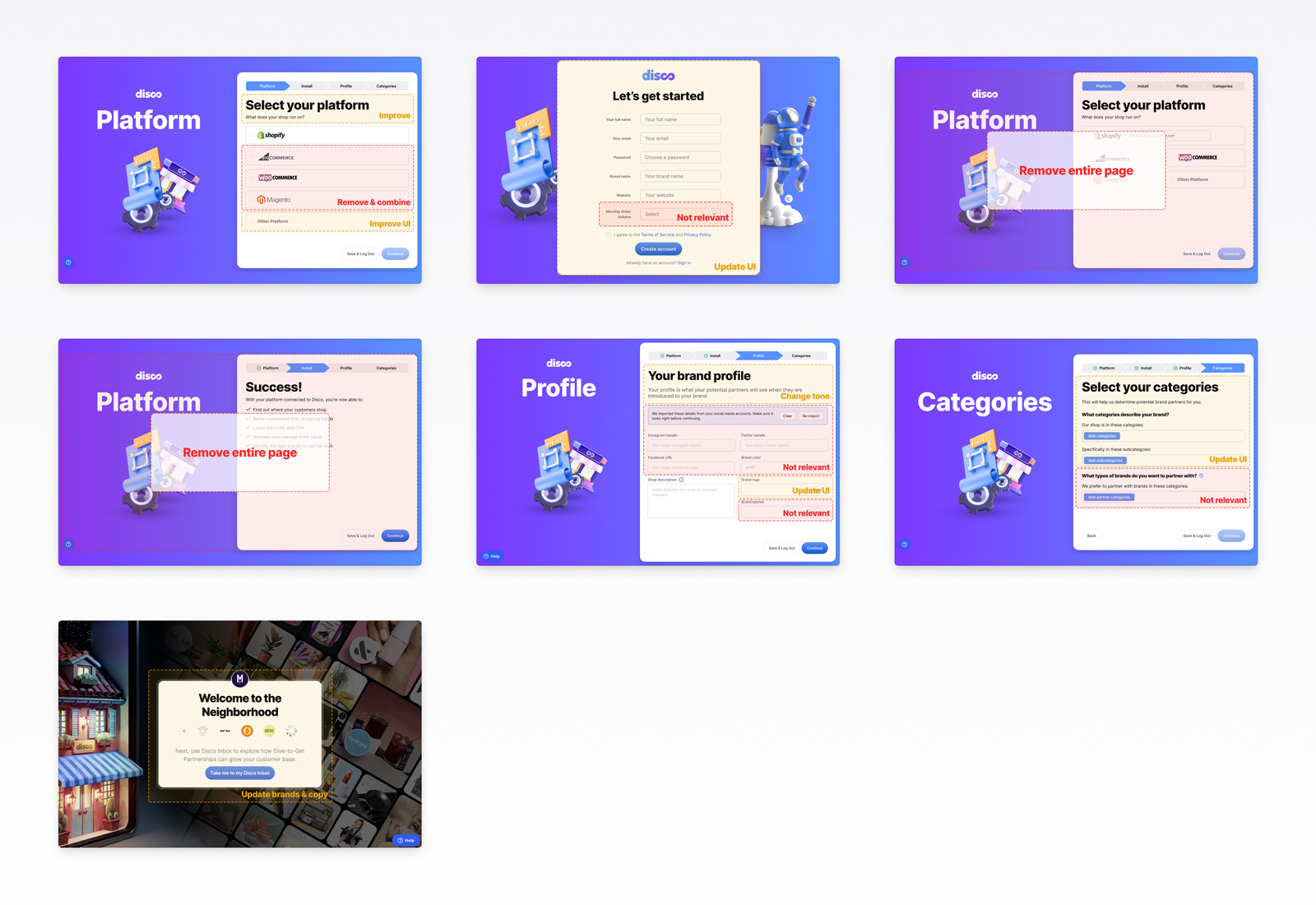 Screens illustrating the outdated Disco onboarding flow before redesign. Highlights issues like redundant pages, outdated inputs, and unclear guidance across setup steps. Used during the audit phase to identify friction points and inform the streamlined onboarding experience that reduced setup time and support needs.