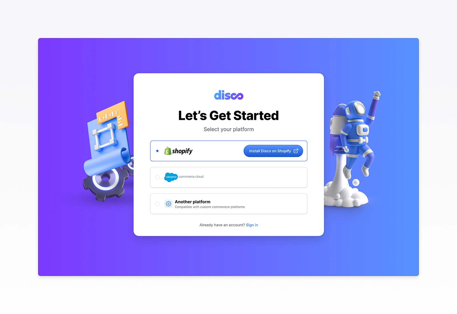 Platform selection screen from Disco’s redesigned onboarding flow showing Shopify chosen as the commerce platform. Demonstrates a simplified setup step that guides brands to connect their store quickly, reducing friction and improving clarity in the ecommerce onboarding experience.
