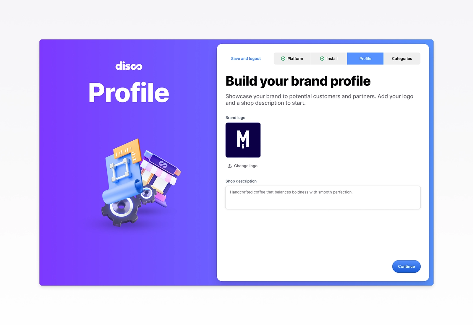 Brand profile screen from Disco’s redesigned onboarding flow showing how brands upload a logo and description. Demonstrates a clearer, more personalized setup experience that helps brands establish identity early and streamline ecommerce onboarding within the Disco platform