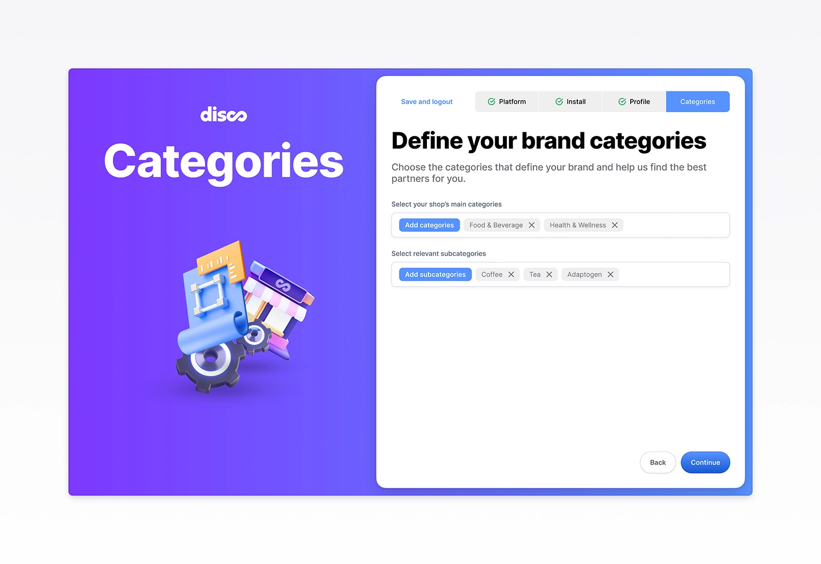 Category selection screen from Disco’s redesigned onboarding flow where brands choose main and subcategories. Demonstrates a clearer setup process that powers more accurate targeting, discovery, and partner recommendations within the ecommerce onboarding experience.