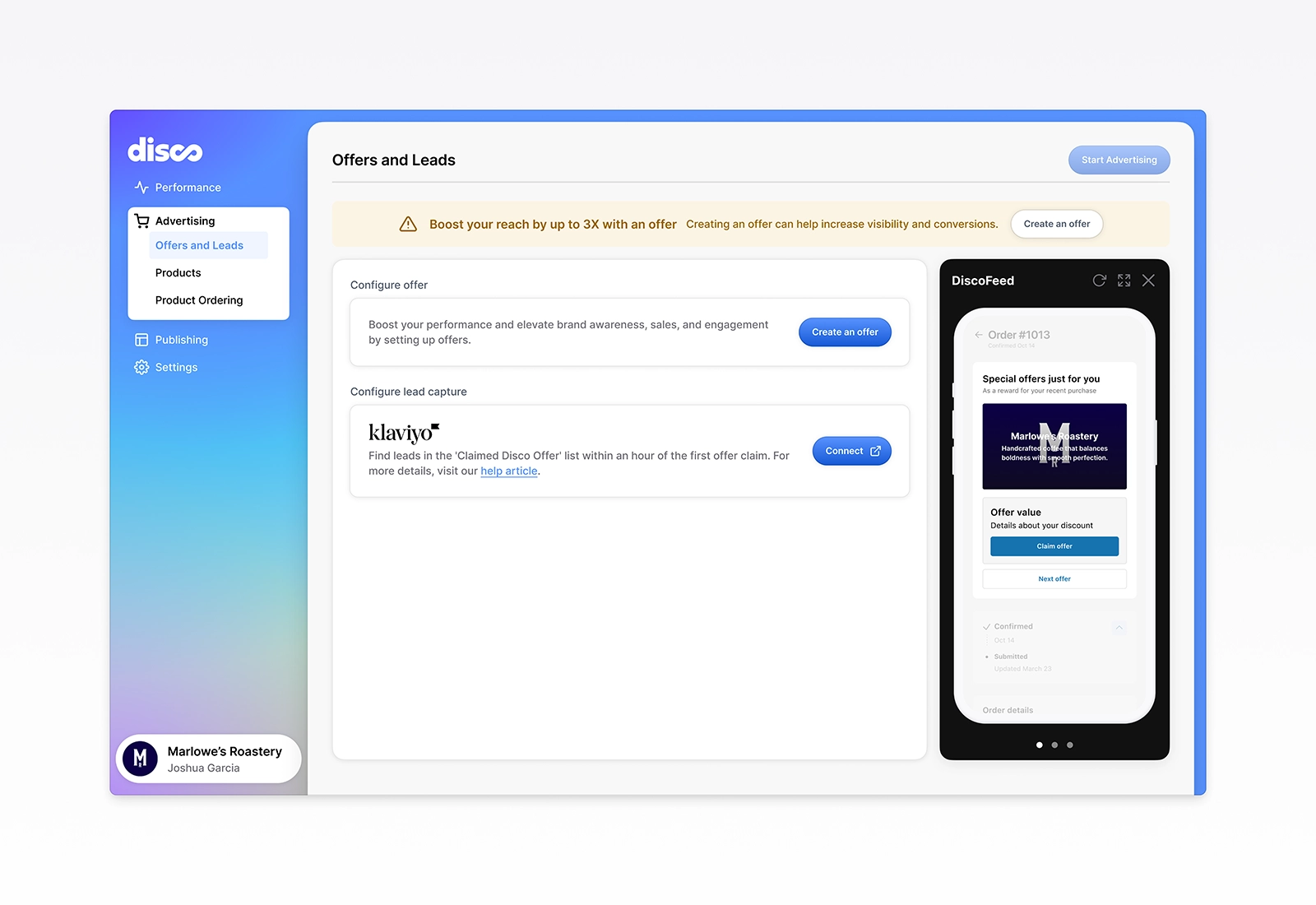 Advertising overview screen showing where brands begin creating offers to grow reach and conversions. Demonstrates improved ecommerce UX clarity with a cleaner layout, guided actions, and a preview of how offers appear in the DiscoFeed experience.