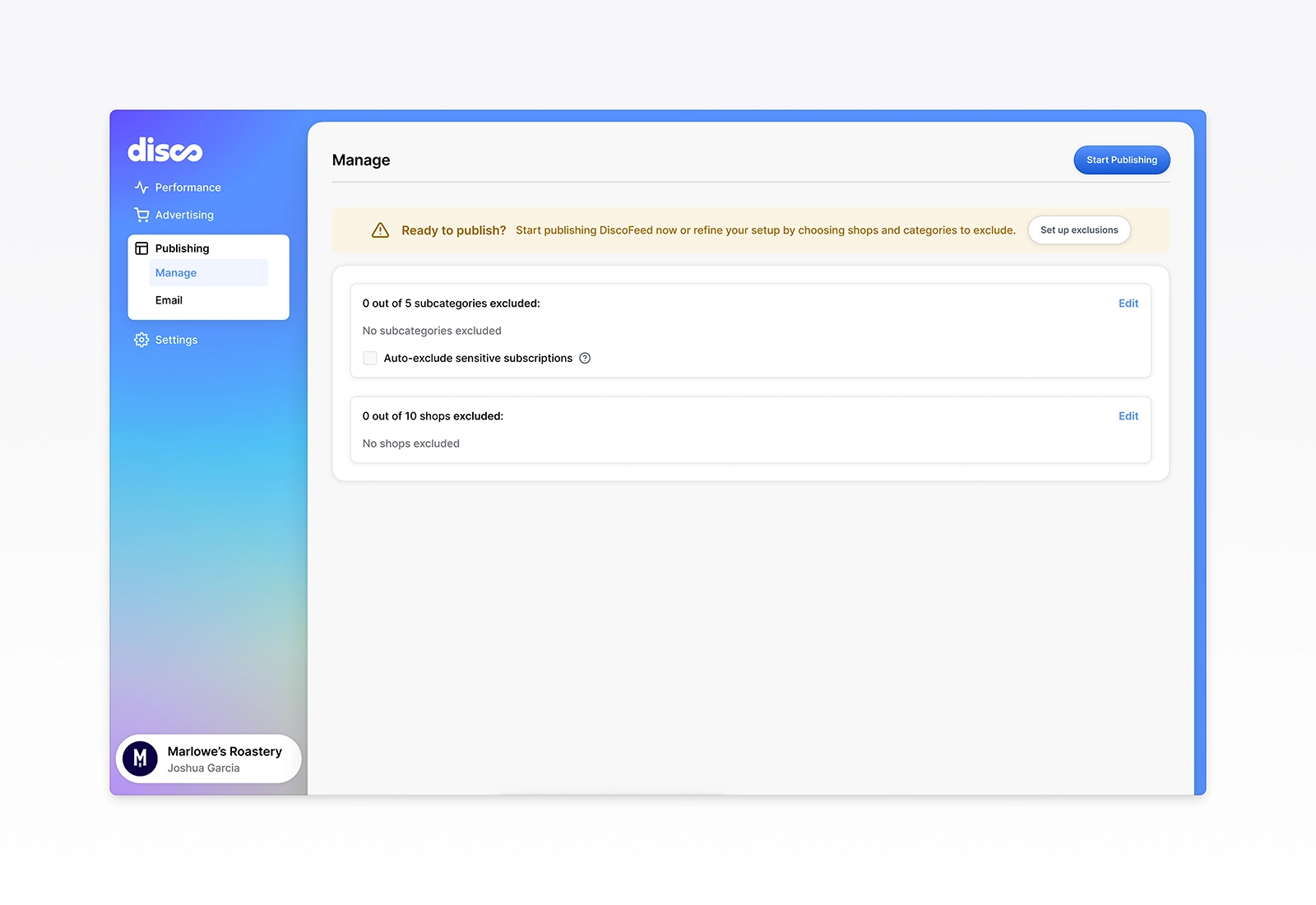 Publishing overview screen showing a redesigned management view where brands control exclusions and readiness before publishing. Demonstrates improved ecommerce UX clarity, with simplified options and guided feedback to help brands prepare their DiscoFeed setup independently and with confidence.