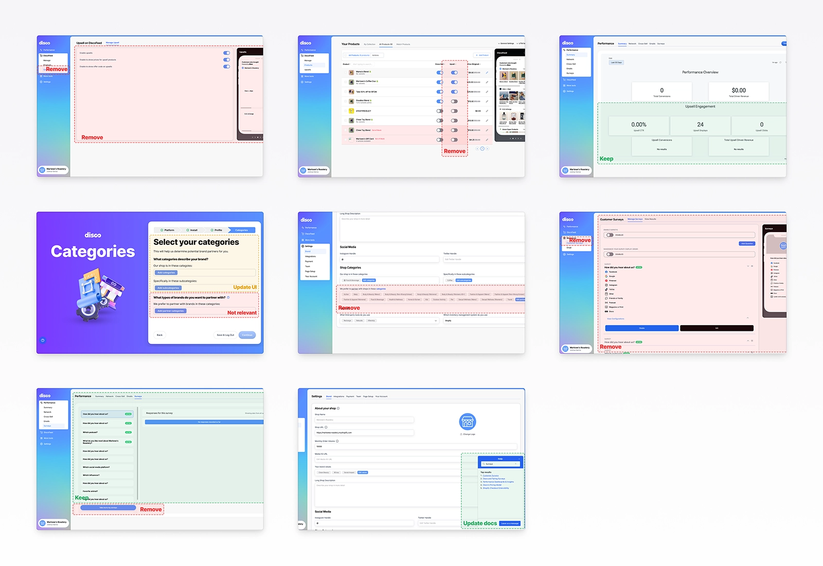 Platform audit visuals showing removed and updated features across the Disco interface. Highlights a UX simplification process that reduced clutter, improved clarity, and aligned the product around faster setup and more focused ecommerce workflows for brands.