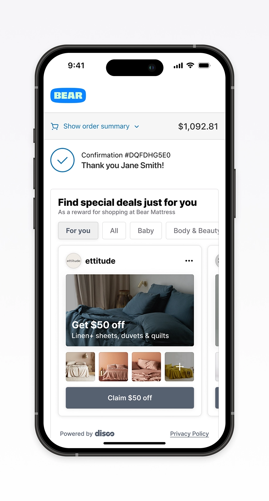 Mobile post-purchase flow for Bear highlighting a personalized offer module. Features an Ettitude $50 off promotion within a ‘For You’ tab, demonstrating targeted ecommerce UX that enhances relevance, drives conversion, and integrates seamlessly into the order confirmation experience powered by Disco.
