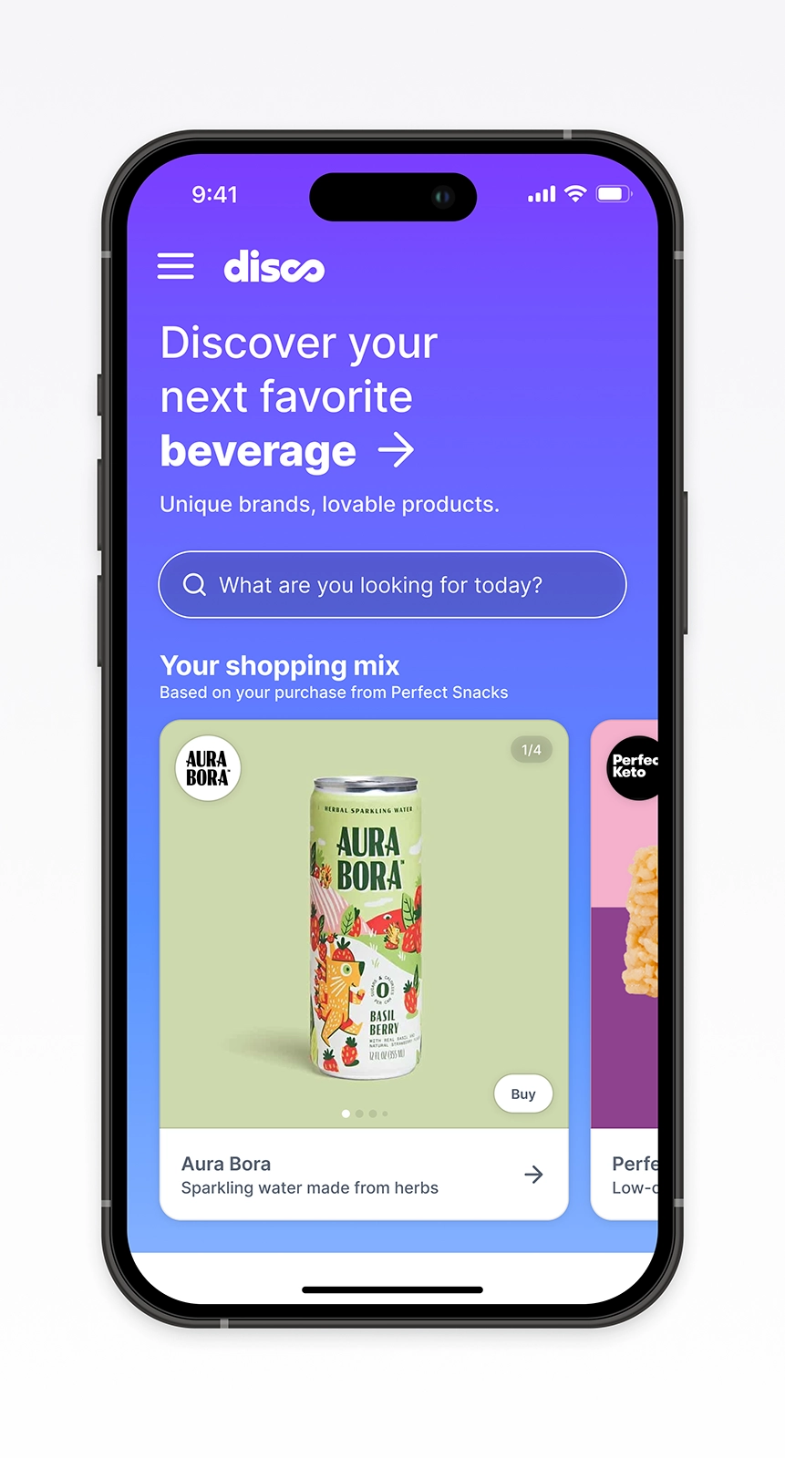 Mobile prototype of the Disco discovery experience showing an early home page layout with personalized recommendations and lightweight browsing cues. Designed to test how shoppers explore brands outside the checkout flow and validate patterns for navigation, product discovery, and ecommerce UX clarity.