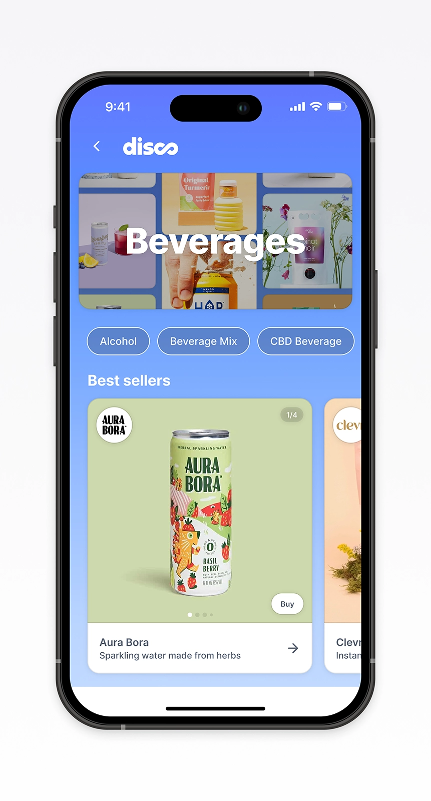 Mobile category page prototype for Disco’s discovery experience, showing an early approach to organizing brands within “Beverages.” Designed to help shoppers orient quickly, browse best sellers, and explore product groups with clearer structure. Demonstrates category-level navigation patterns tested for the MVP.