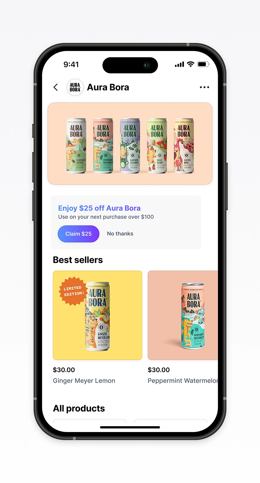 Mobile brand page prototype for Hydrant within Disco’s discovery experience. Shows an early layout designed to help shoppers understand a brand quickly, view best-selling products, and evaluate offers before visiting the merchant site. Demonstrates brand-level context and ecommerce UX patterns tested for the MVP.