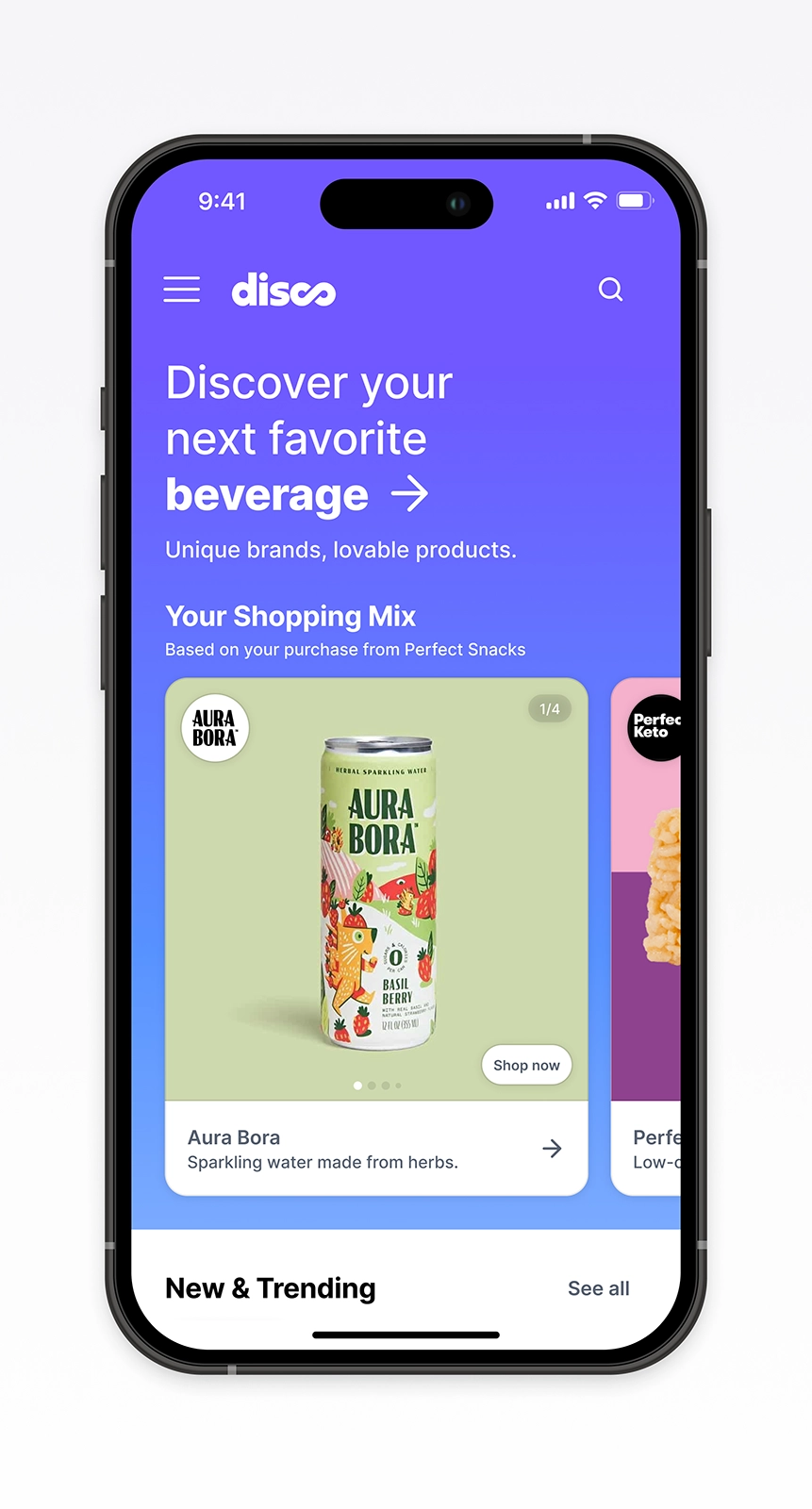 Mobile discovery experience showcasing a personalized product recommendation module on Disco. Highlights the redesigned browsing flow that surfaces relevant brands after purchase, improving shopper engagement and ecommerce discovery through clearer hierarchy, visual storytelling, and a more intuitive post-purchase UX.