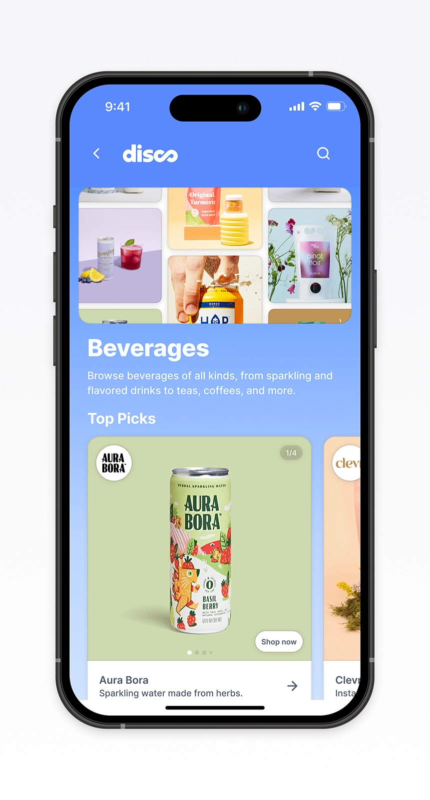 Mobile category page design for Disco showing a refreshed Beverages section with visual tiles and personalized top picks. Demonstrates improved browsing hierarchy, clearer product discovery patterns, and a more intuitive ecommerce experience for exploring new drinks and brands.