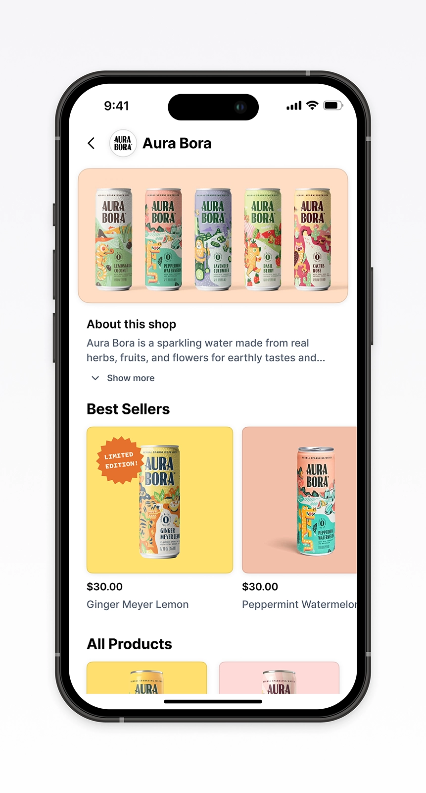 Mobile brand detail page for Aura Bora on Disco, showing an improved layout for product education, best-seller highlights, and full catalog browsing. Demonstrates clearer hierarchy and a more intuitive ecommerce experience for exploring a brand’s offerings within the post-purchase ecosystem.