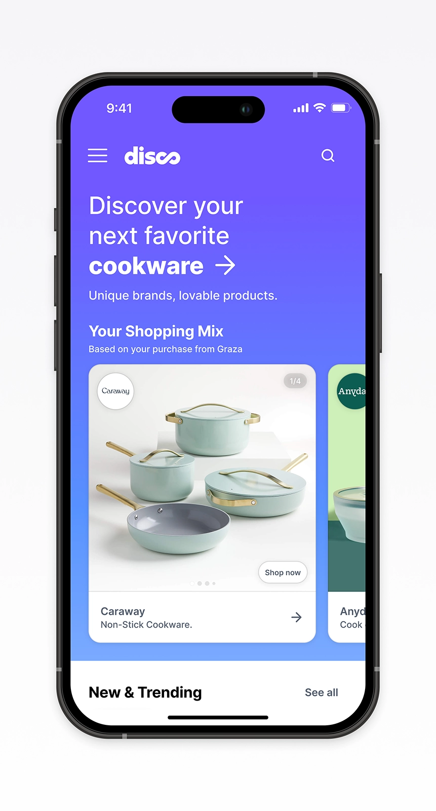 Mobile discovery homepage for Disco showing the new browsing and recommendation model introduced beyond checkout. Highlights the structured system for exploring brands, evaluating products, and returning to shop, creating a more intentional and repeatable marketplace experience across the product ecosystem.
