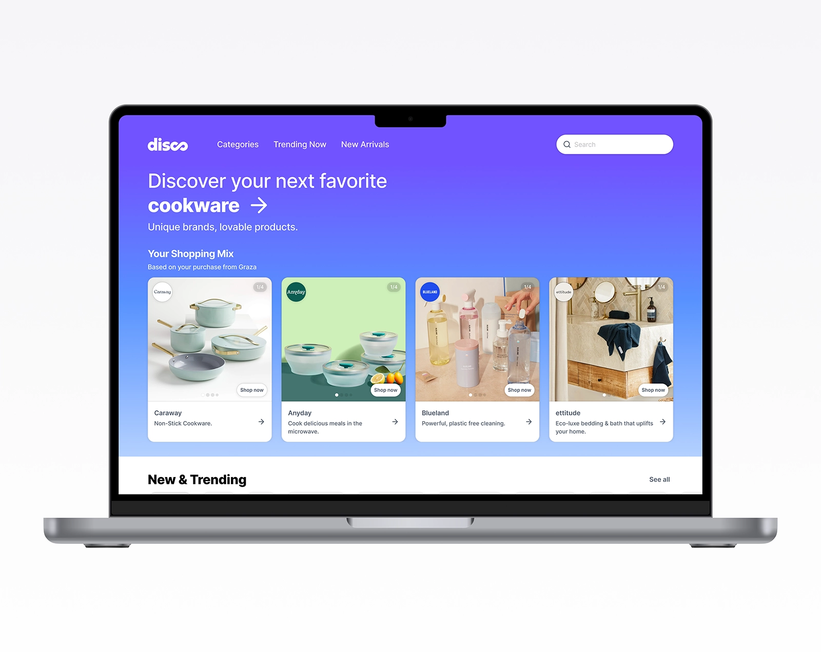 Desktop view of Disco’s redesigned discovery experience showing the new structured model for browsing and personalized recommendations. Demonstrates how the system elevates product exploration beyond checkout, helping shoppers evaluate brands, compare options, and navigate the marketplace with clearer hierarchy and intentional UX patterns.