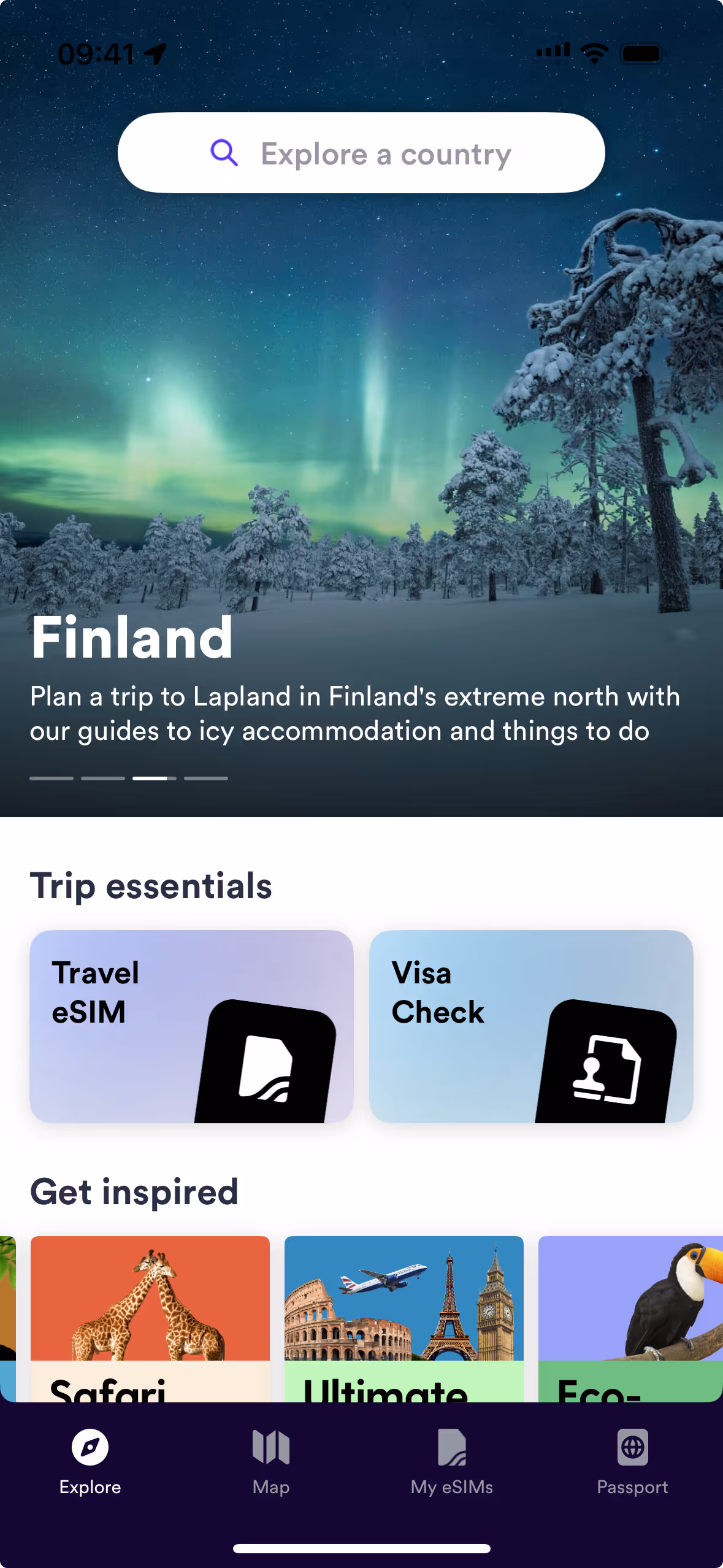 Explore screen on Skratch app showing top destinations to visit, travel eSIMs and visa checker