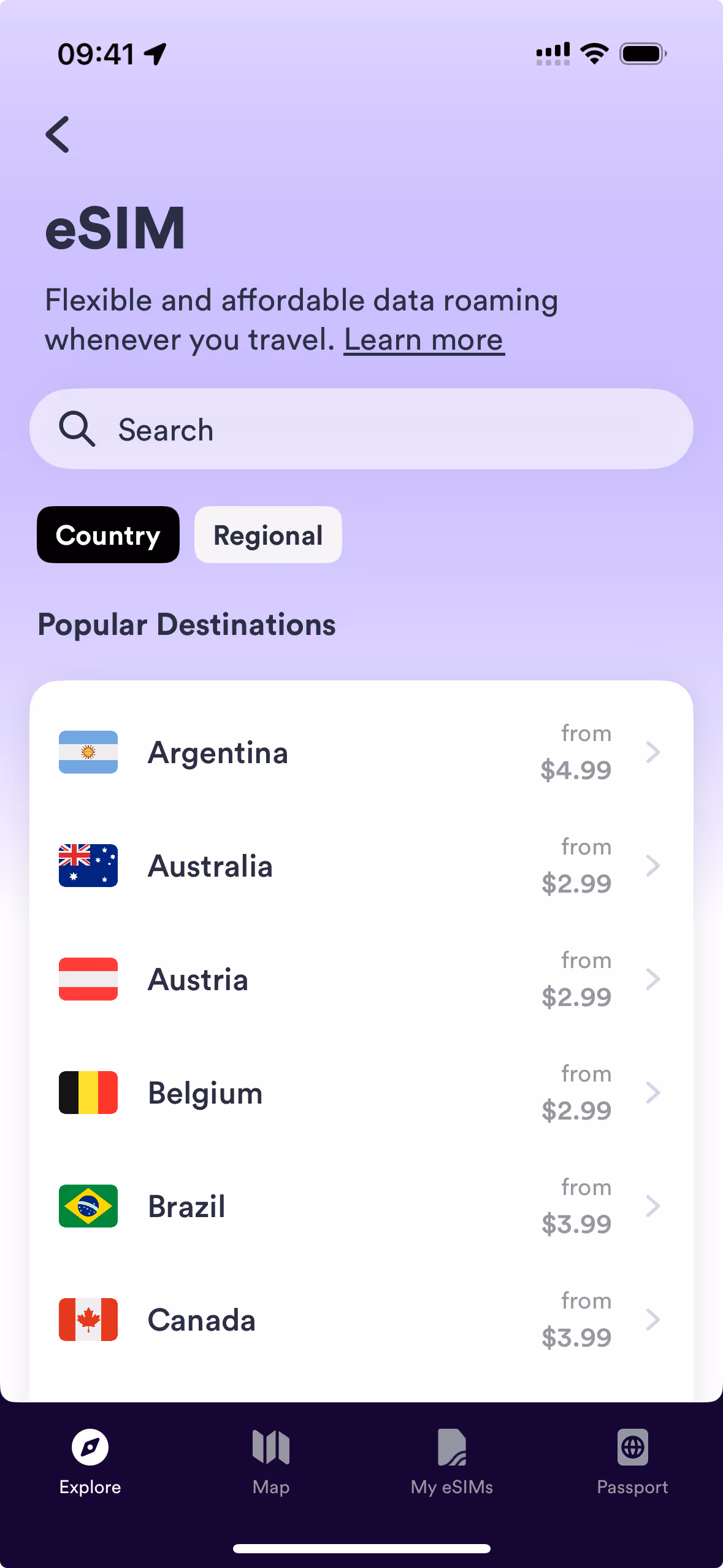 Skratch app screen showing different eSIM plans you can purchase