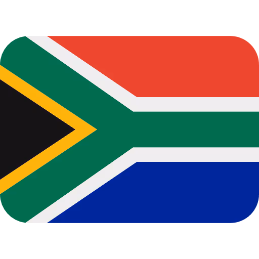 Flag of South Africa with horizontal red and blue bands, green Y-shape bordered in white, and a black triangle bordered in yellow on the left.