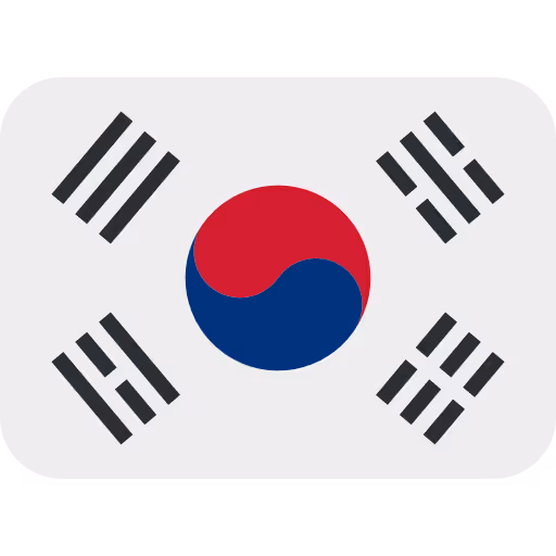Flag of South Korea with a red and blue yin-yang symbol in the center and four black trigrams on white background.
