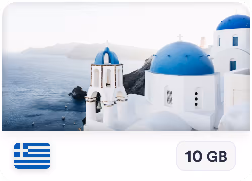 eSIM card showing white buildings with blue domes overlooking the sea in Santorini, Greece, next to a Greek flag icon and 10 GB data label.