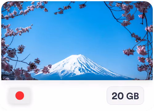 eSIM card showing snow-capped Mount Fuji framed by pink cherry blossoms against a clear blue sky, with Japanese flag icon and 20 GB data label