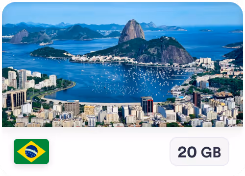 eSIM card showing aerial view of Rio de Janeiro’s Sugarloaf Mountain and cityscape with Brazilian flag icon and 20 GB data label